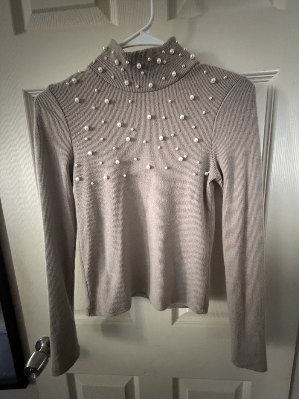 Zara Taupe Ribbed Pearl-Embellished Turtleneck